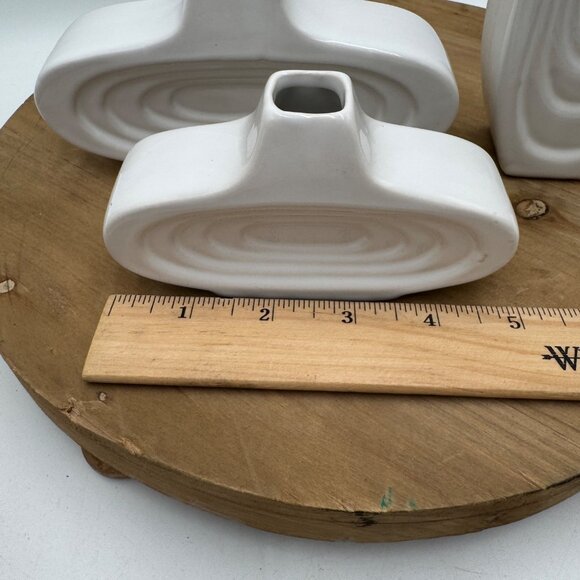 3 Vintage MCM Art Deco Oval Repeating Ring Bud Vases Marked Bottom White *READ* - Picture 14 of 16
